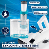 CLEANmaxx Milbensauger Rotation mit 3-Stufen-Zyklon-Filtersystem, HEPA- und Metall-Vorfilter, 300 ml Staubbehälter, waschbar, leicht zu entleeren.