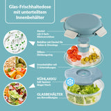 GOURMETmaxx Glas-Lunchbox Klick-it 950 ml mit unterteilter Glasdose, 4-fach Klickverschluss und integriertem Kühlakku in grau/grün.