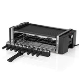 MAXXMEE Multi-Raclette-Grill - 3in1 - 1200 W - schwarz mit Grillplatte, 6 Pfännchen und 9 automatischen Drehspießen, antihaftbeschichtet.