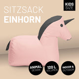 LUMALAND Kindersitzsack Animal Line Einhorn - Pastell Pink/Stahlgrau, weicher Einhorn-Sitzsack für Kinder, Indoor und Outdoor geeignet.