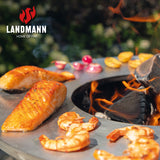 LANDMANN Feuerschale aus Cortenstahl mit Standfuß - 60 cm mit Plancha-Grill für vielseitiges Grillen und Lagerfeuer-Feeling im Garten.