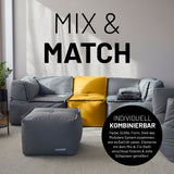LUMALAND Sitzsack-Hocker senfgelb mit modularem Mix-&-Fix-Reißverschluss, kombinierbar und vielseitig im Wohnzimmer.