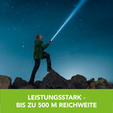 EASYmaxx Taschenlampe LED 5 V transparent/chrom mit bis zu 500 m Reichweite, fluoreszierendem Griff und USB-Aufladung.