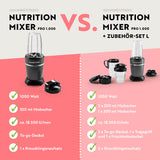 GOURMETmaxx Nutrition Mixer Pro 1.000 mit Zubehörset M zeigt Basisgerät und erweitertes Set mit Mixbechern und Deckeln.