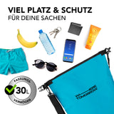 Where Tomorrow Dry Bag 30L - Style 01 - Himmelblau wasserdichter Rucksack mit 30L Fassungsvermögen und robustem Rolltop-Verschluss.