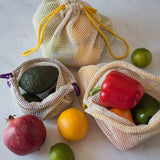 LUMALAND Einkaufsbeutel aus 100% Baumwolle - 4er-Set mit Gemüse und Obst in nachhaltigen, wiederverwendbaren Netzbeuteln.