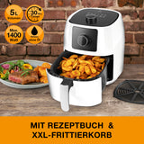 Kochwerk Heißluft-Fritteuse 5l inkl. Rezeptbuch, weiß, mit großem Frittierkorb, 30-Minuten-Timer und fettarmer Zubereitung.