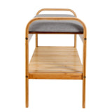 LUMALAND - Schuhregal aus Bambus mit Sitzbank in Grau, stabile Bauweise, platzsparend, mit gepolstertem Sitzkissen, 90 x 50 x 30 cm.