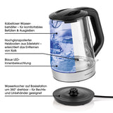 GOURMETmaxx Glas-Wasserkocher 1,7l mit kabellosem Behälter, Edelstahl-Heizboden, blauer LED-Innenbeleuchtung und 360° drehbarer Basisstation.