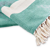 LUMALAND Baumwolldecke / Tagesdecke aus 100 % Baumwolle - ca. 200 x 240 cm - Grün mit Muster und Fransen für gemütliche Stunden.