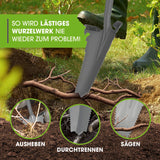 EASYmaxx Spaten- & Wurzelsäge 114 cm grau/rot mit integrierten Sägezähnen zum Ausheben, Durchtrennen und Sägen von Wurzelwerk.