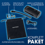 EASYmaxx Akku-Handkompressor mit Display, 4 Ventil-Adaptern, Druckluftschlauch, USB-Ladekabel und Aufbewahrungsbeutel.