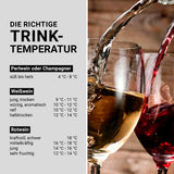 N8WERK Weinkühlschrank - 15 Flaschen zeigt optimale Trinktemperaturen für Perlwein, Weißwein und Rotwein mit passenden Glasfüllungen.