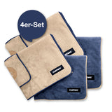 FLUFFINO® Hundehandtuch Mikrofaser 4er-Pack in Beige & Blau, extra saugfähig, schnell trocknend für kleine und mittelgroße Hunde.