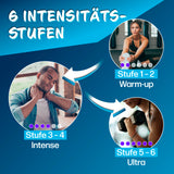 VITALmaxx Massage Gun mit 6 Leistungsstufen zeigt Warm-up, Intense und Ultra für individuelle Massageerfahrung.
