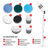 CLEANmaxx Akku-Reinigungsbürsten-Set mit 7 Aufsätzen und Verlängerungsstange für vielseitiges Putzen und Polieren in weiß/schwarz.