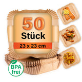 GOURMETmaxx Backpapierschalen für Heißluftfritteusen (5–8 l) 50 Stück, hitzebeständig, antihaftbeschichtet, BPA frei, 23x23 cm.
