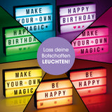 EASYmaxx LED-Leuchtkasten A5 mit 173 Buchstaben & 150 Emojis, LED-Farbwechsel und Timerfunktion für individuelle Textbotschaften.