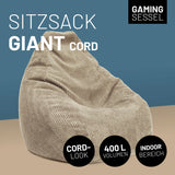 LUMALAND Sitzsack GIANT aus der Cord-Reihe 135 x 100 cm beige mit softem, waschbarem Bezug und modernem Boho-Design für drinnen.