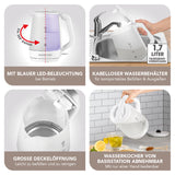 GOURMETmaxx Glas-Wasserkocher mit Frostglas-Design, 1,7 Liter, LED-Beleuchtung, kabelloser Behälter, große Deckelöffnung, abnehmbare Basistation.