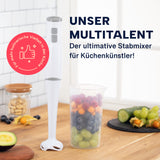 GOURMETmaxx Stabmixer mit Messbecher weiß/grau, abnehmbarer Mixaufsatz, Edelstahlklinge, 700-ml Becher, ideal zum Pürieren und Mixen.