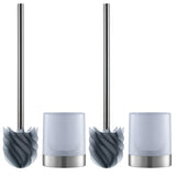 Drei moderne Toilettenbürsten mit spiralförmigen Borsten, abgebildet mit und ohne zylindrischen Halter.