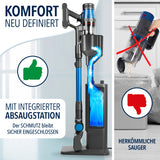 CLEANmaxx AeroTec 500 Staubsauger mit Absaugstation in Grau/Blau mit automatischer Behälterentleerung und kabelloser Saugleistung.