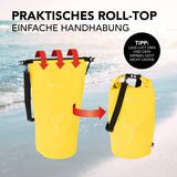 #DoYourOutdoor Dry Bag 30L Gelb mit wasserdichtem Rolltop-Verschluss, robust und ideal für Outdoor-Abenteuer.