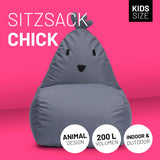 LUMALAND Kindersitzsack Animal Line Chick - Stahlgrau, weicher, wasserabweisender Sitzsack für Kinder in tierischem Design, 200 L Volumen.