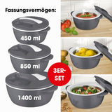 MAXXMEE Thermo-Schüssel Mikrowelle - 3er-Set (450 ml + 850 ml + 1400 ml) in grau/weiß mit Edelstahleinsatz und Drehverschluss-Deckel.