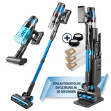 CLEANmaxx AeroTec 500 Staubsauger mit Absaugstation in Grau/Blau, automatische Entleerung und vielseitige Aufsätze.