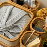 LUMALAND Aufbewahrungsboxen mit Bambus-Rahmen - 4er-Set - Rosa, verschiedene Größen, ideal für Bad und Ordnung Zuhause.