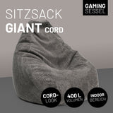 LUMALAND Sitzsack GIANT aus der Cord-Reihe, 135 x 100 cm - Bezug soft & waschbar - Grau, großer komfortabler Gaming Sitzsack