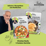 Rachs KOCHWERK Pizza Maker inkl. herausnehmbarem Pizzastein und Pizzaheber zeigt Rezepte für Pizza Burrata und Empanadas.