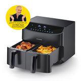 Rachs KOCHWERK Heißluft-Fritteuse Doppelkorb 2x 3,5l schwarz mit digitalem Display und zwei getrennten Frittierfächern.