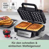 GOURMETmaxx Waffeleisen für Belgische Waffeln aus Edelstahl, schwarz mit Antihaftplatten, Kontrollleuchte, Cool-Touch-Griff und rutschfesten Füßen.