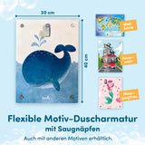 Kinderdusche Wal mit Saugnäpfen, flexible Duscharmatur für Kinder, einfach zu befestigen, spaßig und kindgerecht gestaltet.