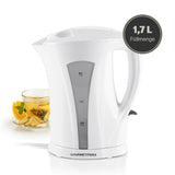 GOURMETmaxx Wasserkocher mit Kalkfilter 1,7l weiß/grau, kabellos mit Wasserstandsanzeige und abnehmbarem Filter.
