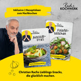 Rachs KOCHWERK Heißluft-Fritteuse Digital 4l schwarz matt mit Rezeptideen für Avocado-Fries und Falafel-Bällchen.