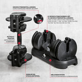 FitEngine verstellbare Kurzhantel mit 16 Gewichten von 3-22,7 kg, robustes Stahlmaterial und platzsparende Ablagestation.