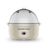 GOURMETmaxx Eierkocher für 7 Eier Vanille mit transparentem Deckel, Dampfauslass, Messbecher und einstellbarem Härtegrad.