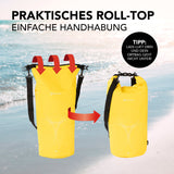 #DoYourOutdoor Dry Bag 20L Gelb mit praktischem wasserdichtem Rolltop-Verschluss und verstellbarem Schultergurt für Outdoor-Abenteuer.