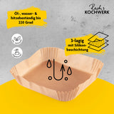 Rachs KOCHWERK Backpapier Schalen für Heißluft-Fritteusen – 100er-Set, 3-lagig, silikonbeschichtet, hitzebeständig bis 220 Grad.