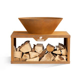 LANDMANN Feuerschale mit Holzlager 60x50x54 cm aus Cortenstahl mit praktischem Holzlager und zeitlosem Design