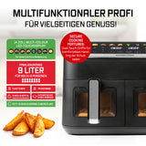 GOURMETmaxx AirGenius 2-Kammer-Heißluftfritteuse 2 x 4,5 l mit 14" Touchscreen für fettarmes Frittieren bis 8 Personen.