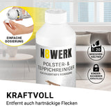 N8WERK Polster- und Teppichreiniger, kraftvolles Reinigungskonzentrat mit kindersicherem Verschluss und einfache Dosierung für hartnäckige Flecken.