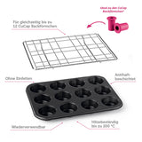 CuCap Backblech mit Zentrierhilfe für Muffins & Cupcakes, antihaftbeschichtet, hitzebeständig, für 12 CuCap Backförmchen, wiederverwendbar.