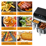 Kochwerk Heißluft-Fritteuse Zweikammer 7 Liter Edelstahl/schwarz mit 10 Programmen für Frittieren, Grillen, Dörren, Auftauen, Aufwärmen und Backen.