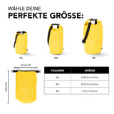 #DoYourOutdoor Dry Bag 30L Gelb mit wasserdichtem Rolltop, verstellbarem Schultergurt, robust und ideal für Outdoor-Abenteuer.