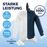 CLEANmaxx Hemdenbügler PRO KOMPAKT mit Heißluft, 1000W, Timer und 5 Gewichts-Clips für schnelles, faltenfreies Bügeln und Trocknen.
